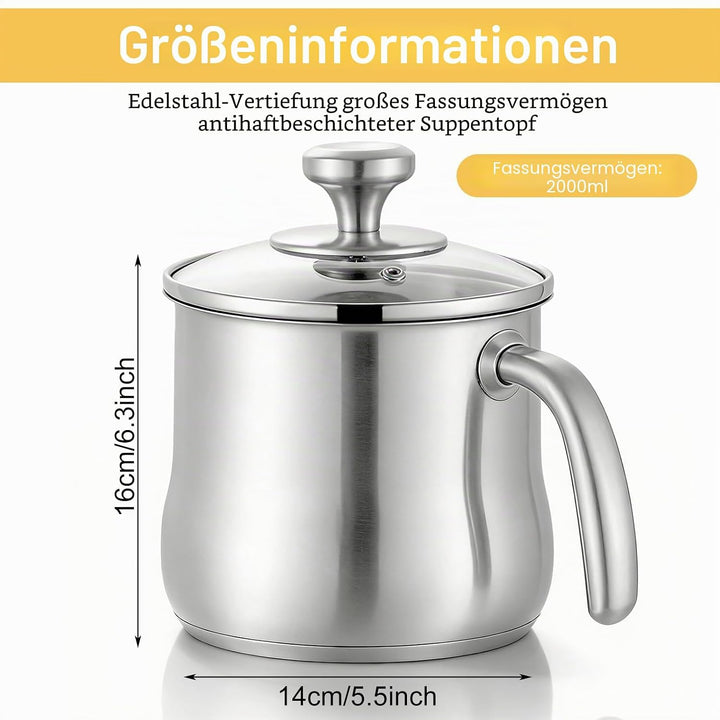 2 Liter Milchtopf, ø16 Edelstahltopf Mit Rutschfestem Edelstahlgriff, 14cm Hoher EdelstahlMilchtopf