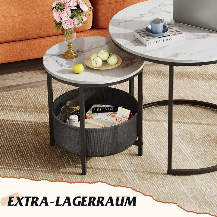WLIVE Runder Couchtisch Weiss, Wohnzimmer Tisch für Couch mit Stauraum, Beistelltisch mit Metallrahm