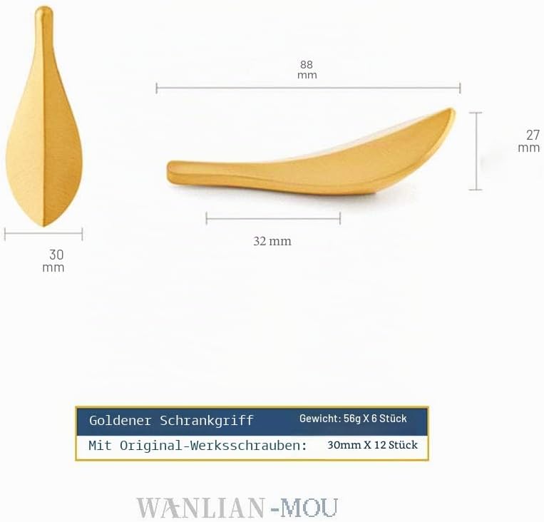 Mou 6 x goldene Blattknäufe, modischer Art-Deco-Stil, Blattform, Schranktürgriff, Zweiloch-Knäufe
