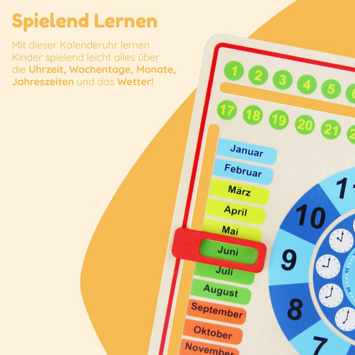 Tooky Toy Holz Jahresuhr für Kinder - Lernuhr - Kalenderuhr - Lerntaffel - Uhr, Wochentage, Monate,