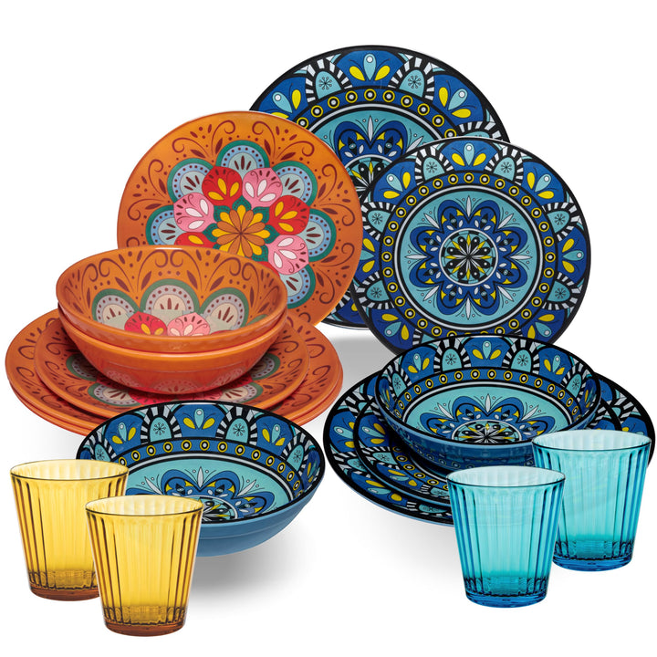 Melamin Geschirr Set Toskana Pastel für 4 Personen - Orange-Blau - Mandala-Optik Spülmaschinengeeign