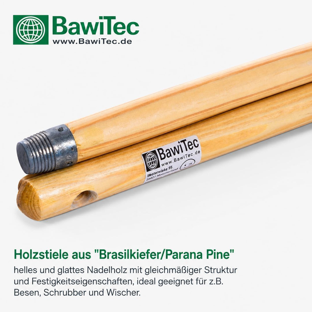 BawiTec 3 Stück Holzstiele Qualitäts Besenstiele Länge 120cm Ø 23mm Lackiert mit Aufhängeloch Standa