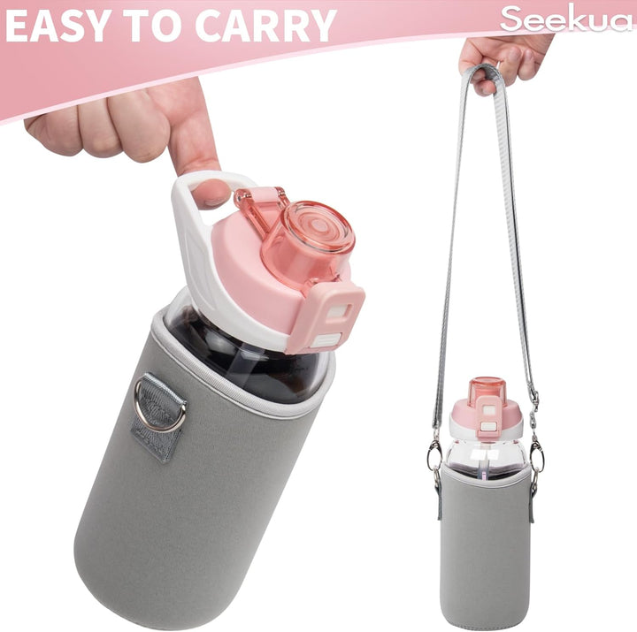 Seekua 0.6l Sport Trinkflasche Glas Flasche mit Strohhalm & Zeitmarkierung für Kinder, Schule 600ml