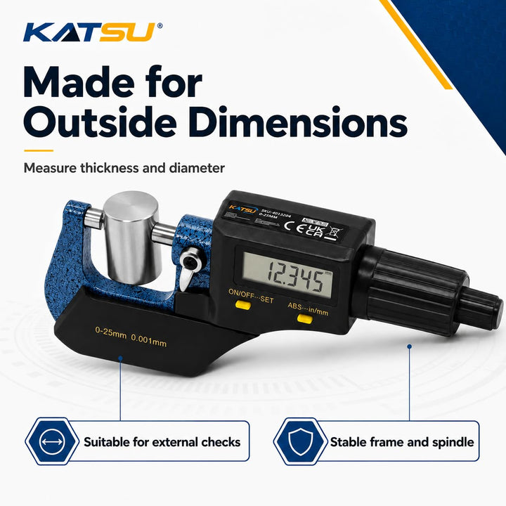 KATSU Digital-Mikrometer 0–25 mm (1 Zoll), elektronisches Aussenmikrometer mit grossem LCD-Display u