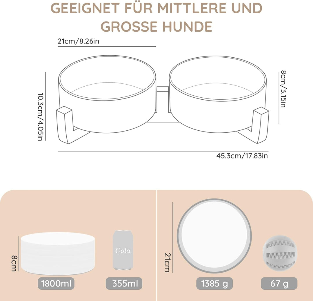 SPUNKYJUNKY Hundenapf Keramik Doppel Hund Futternapf mit Bambus Ständer für Grosse Hunde (1800ml, We