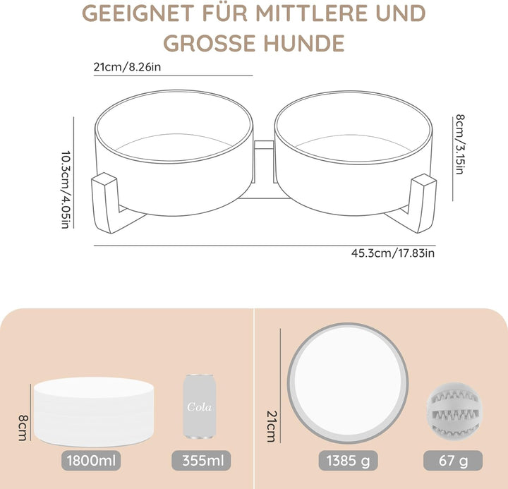 SPUNKYJUNKY Hundenapf Keramik Doppel Hund Futternapf mit Bambus Ständer für Grosse Hunde (1800ml, We