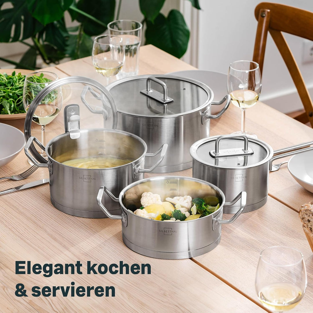 SILBERTHAL Topfset Induktion - 4-teilig - Edelstahl Kochtopf Set mit Glasdeckel - Unbeschichtet - Fü