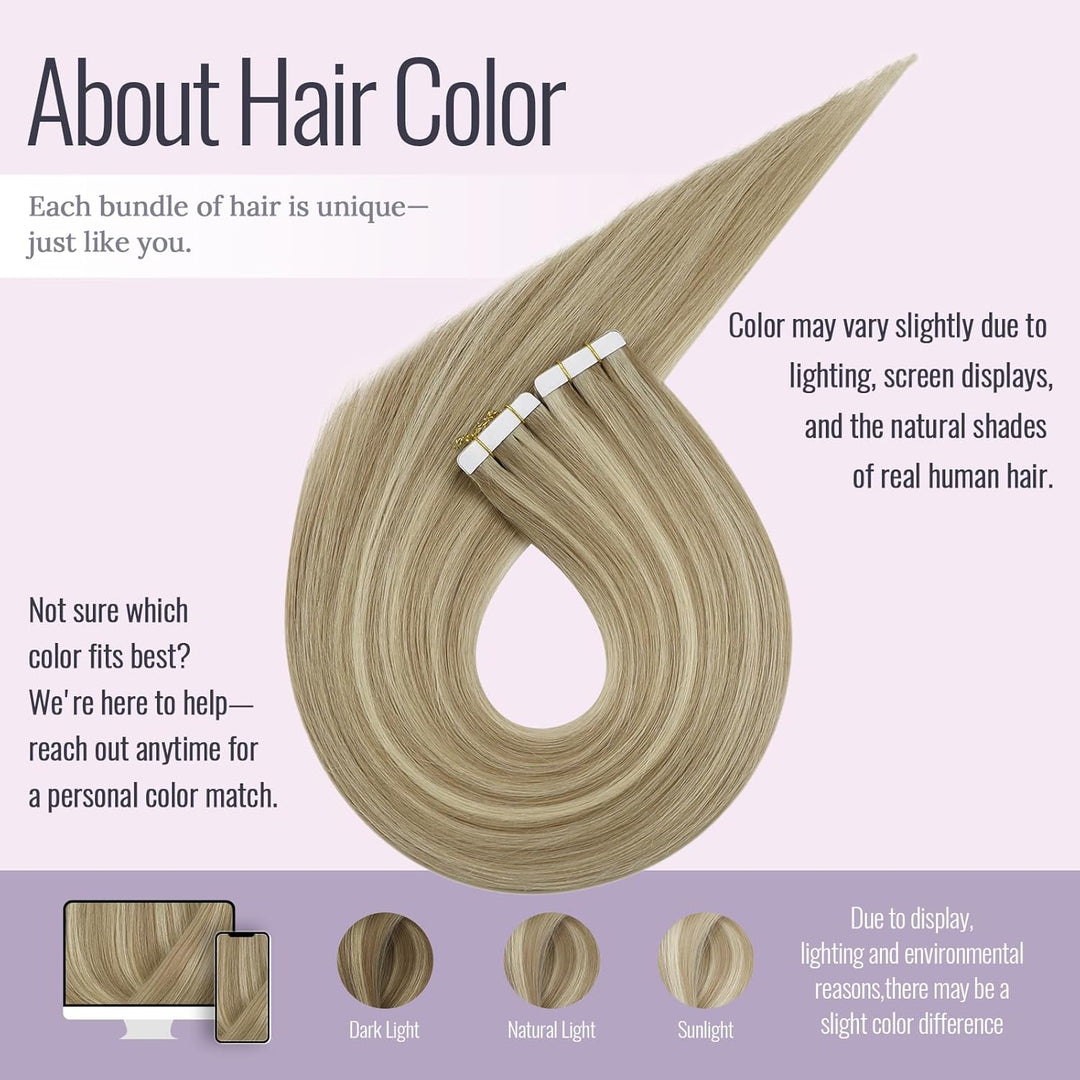 Fshine Tape Extensions Echthaar Goldblond Highlights Hellblond 50 cm Echte Haare Extensions Echthaar