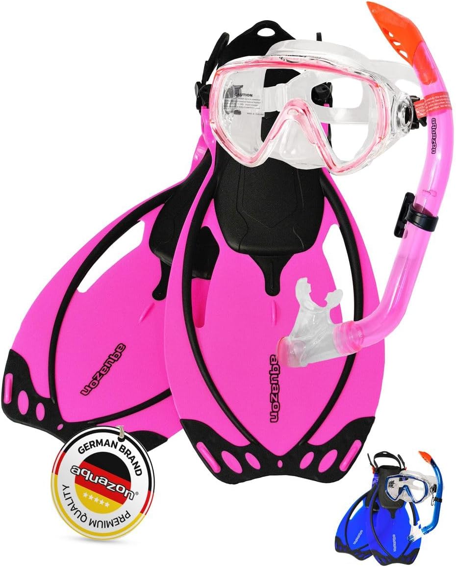AQUAZON Miami Schnorchelset, Schwimmset, Tauchset, Taucherbrille mit Anti Fog Tempered Glas, Silkon,