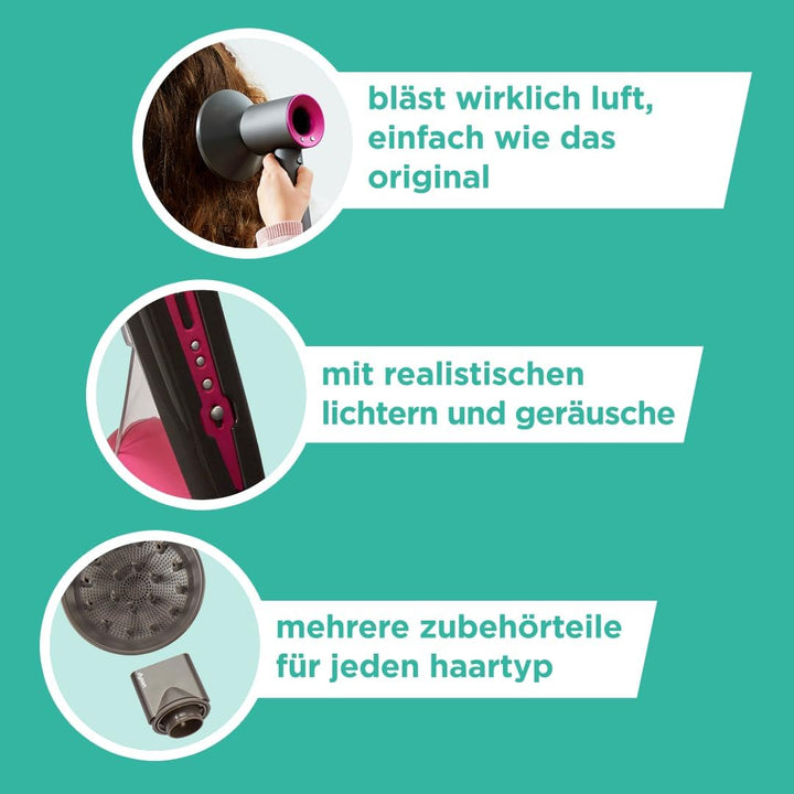 Casdon 73552 Dyson Supersonic & Corrale Deluxe Styling Set-Spielzeug-Glätteisen & Föhn mit echter Fu