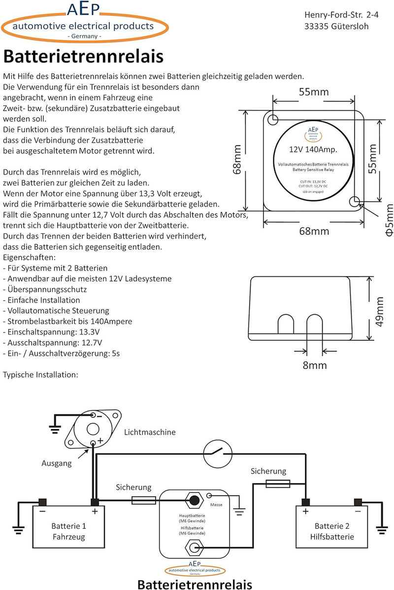 Vollautomatisches Batterie Trennrelais 12 V / 140 Ampere