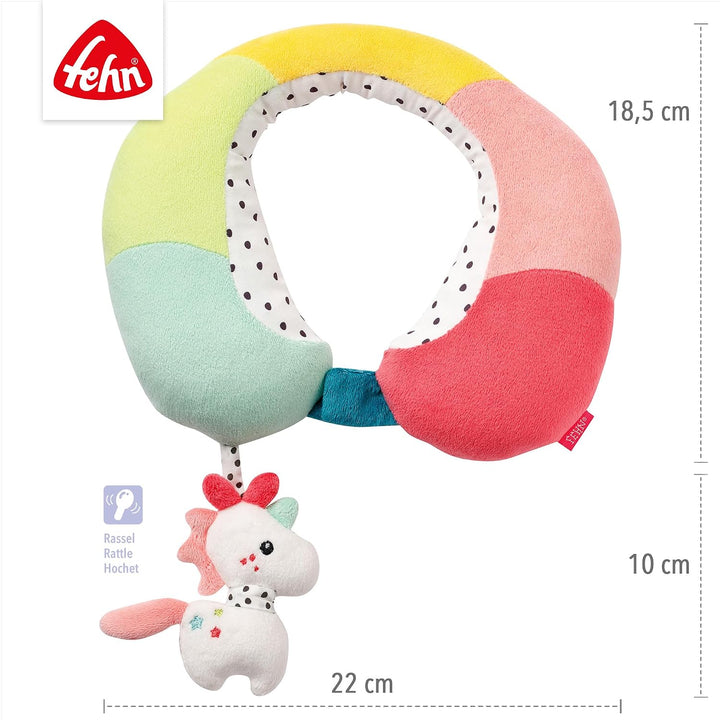 Fehn Nackenstütze Einhorn – Nackenkissen mit kleinem Rassel-Tier – Ergonomische Form des Nackenhörnc