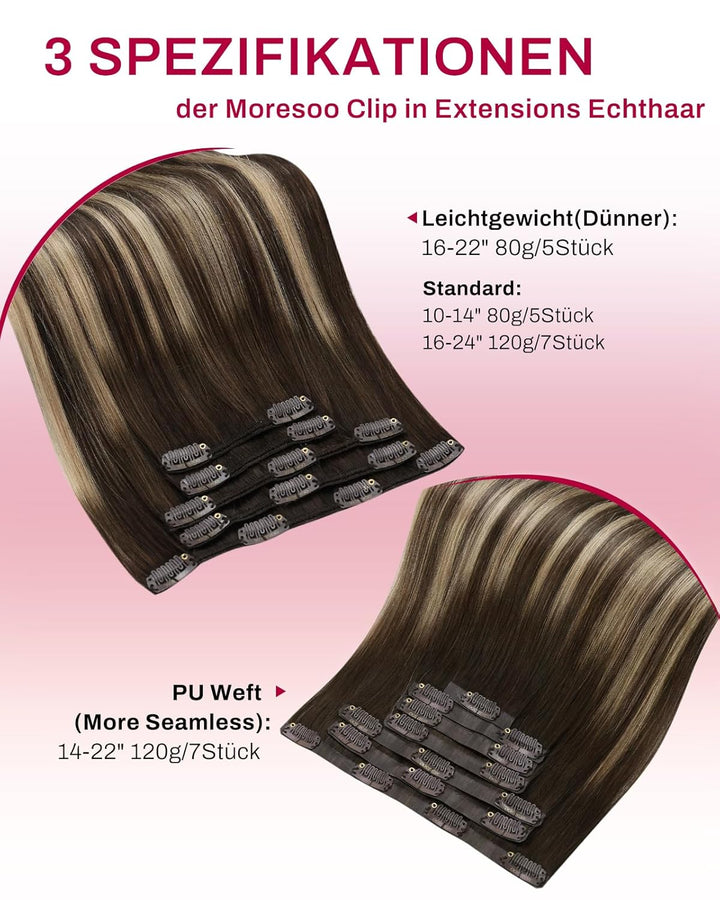 Moresoo Clip in Extensions Balayage Remy Echthaar Extensions Clip Ombre Haarextension Echthaar Clip