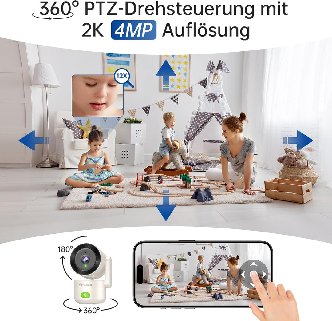SYMYNELEC 2K 4MP Überwachungskamera Innen 360°, 5GHz/2,4GHz WLAN Überwachung mit KI Bewegungserkennu