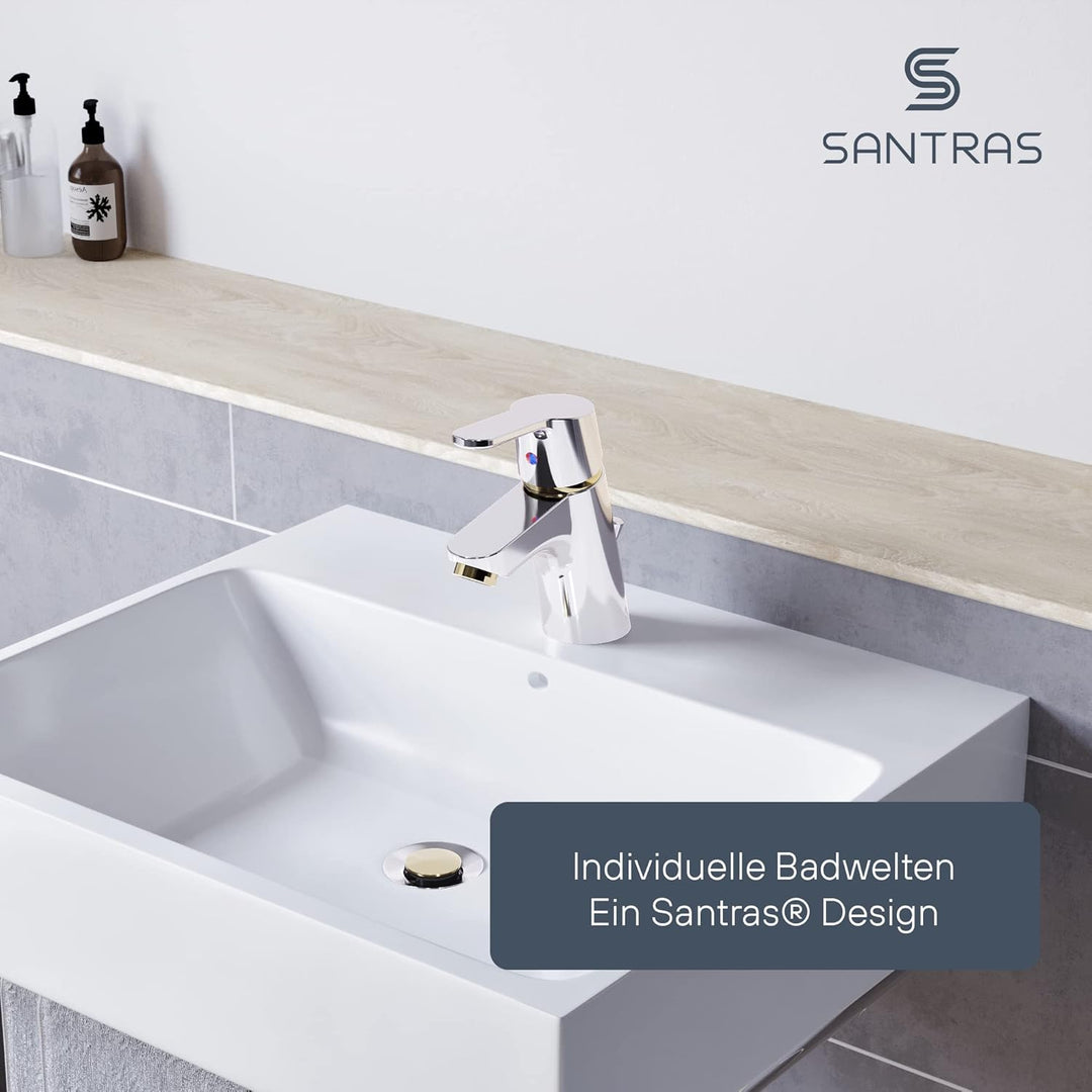 SANTRAS® Waschtischarmatur für das Bad mit Exzenter Ablaufgarnitur und Zugstange in Chrom/Gold – Ein