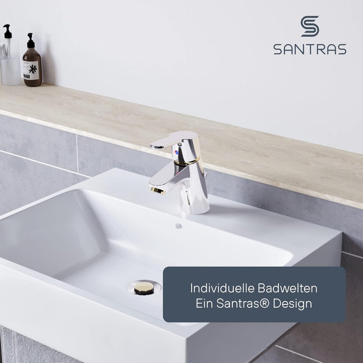SANTRAS® Waschtischarmatur für das Bad mit Exzenter Ablaufgarnitur und Zugstange in Chrom/Gold – Ein