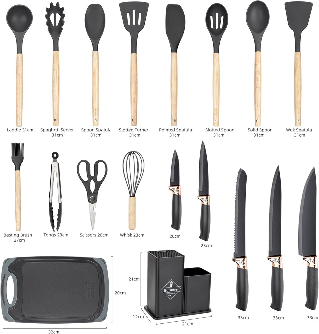 EliteHoff Küchenmesser-Set 19-teilig – Silikon-Küchenutensilien-Set mit Holzgriffen, 5 Messer, 12 Ko