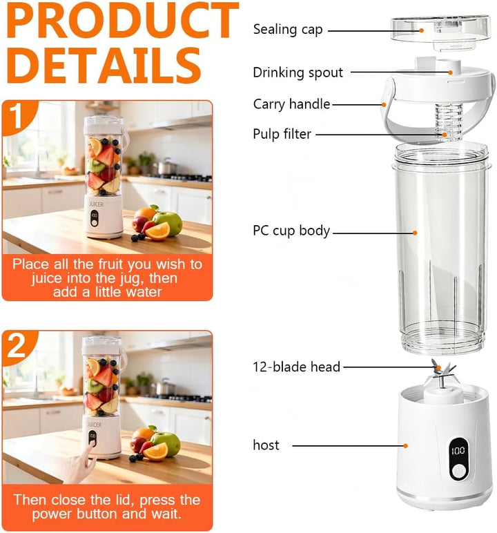 600ml Tragbarer Mixer, Smoothie Maker to Go, Mini Mixer mit 12 Edelstahlklinge, Wiederaufladbar Port