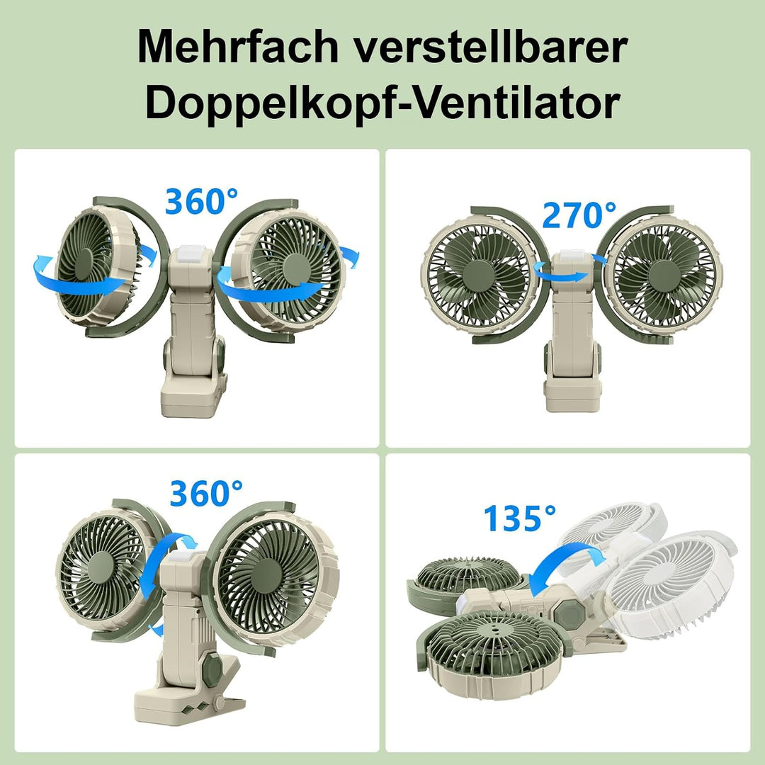 Clip Ventilator Akku mit Licht, USB C Aufladbar Leise Fan Doppelkopf Wandventilator,Stark Lufter Kle