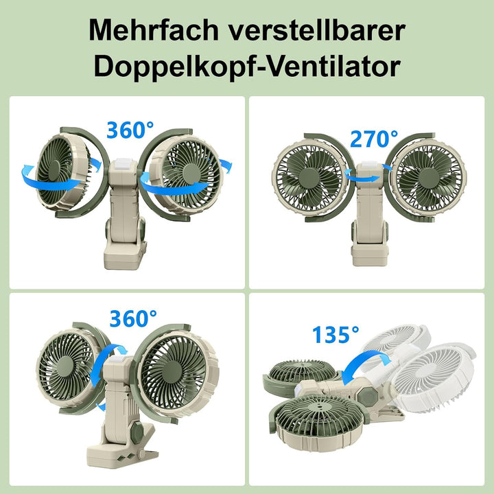 Clip Ventilator Akku mit Licht, USB C Aufladbar Leise Fan Doppelkopf Wandventilator,Stark Lufter Kle