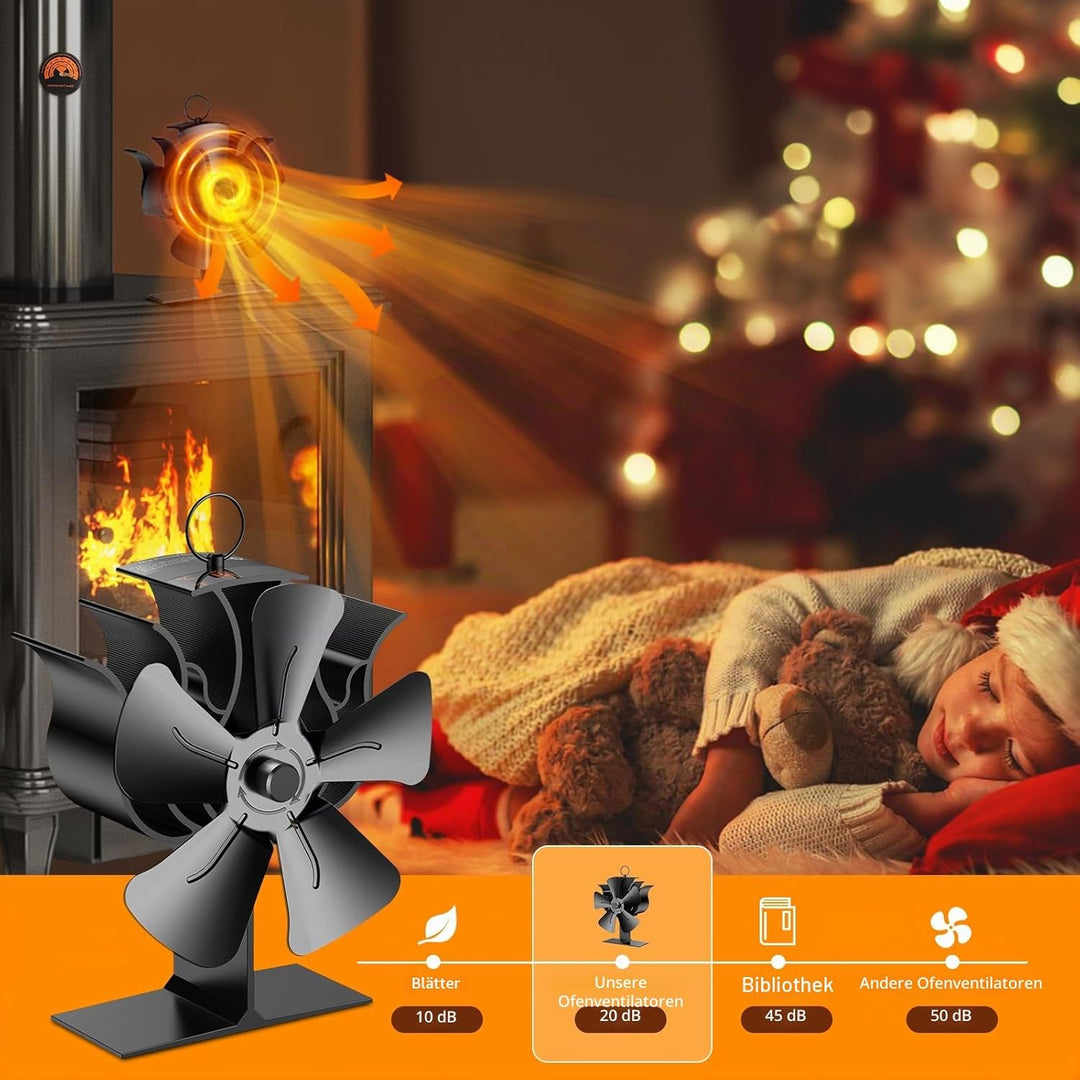 Kaminventilator, Ofenventilator Ohne Strom mit 5 Flügel, Kaminofen Ventilator für Holzofen, Leiser B