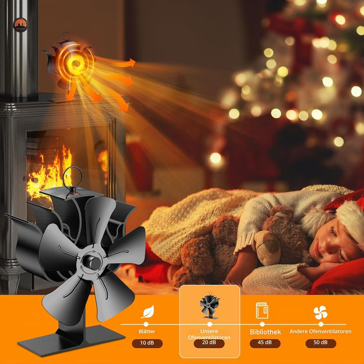Kaminventilator, Ofenventilator Ohne Strom mit 5 Flügel, Kaminofen Ventilator für Holzofen, Leiser B