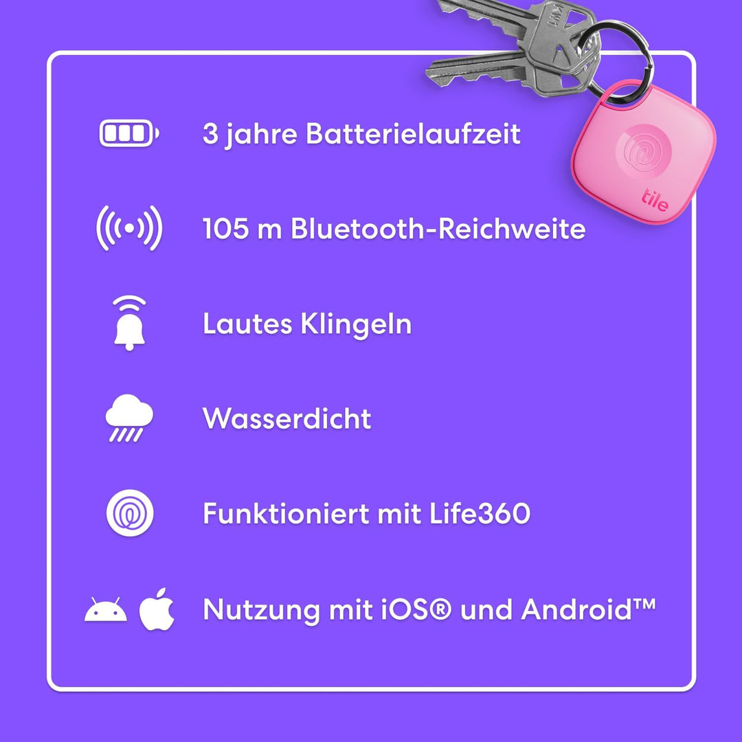 Tile by Life360 Mate - Bluetooth-Tracker, Schlüssel- und Gegenstandsfinder für Schlüssel, Taschen un