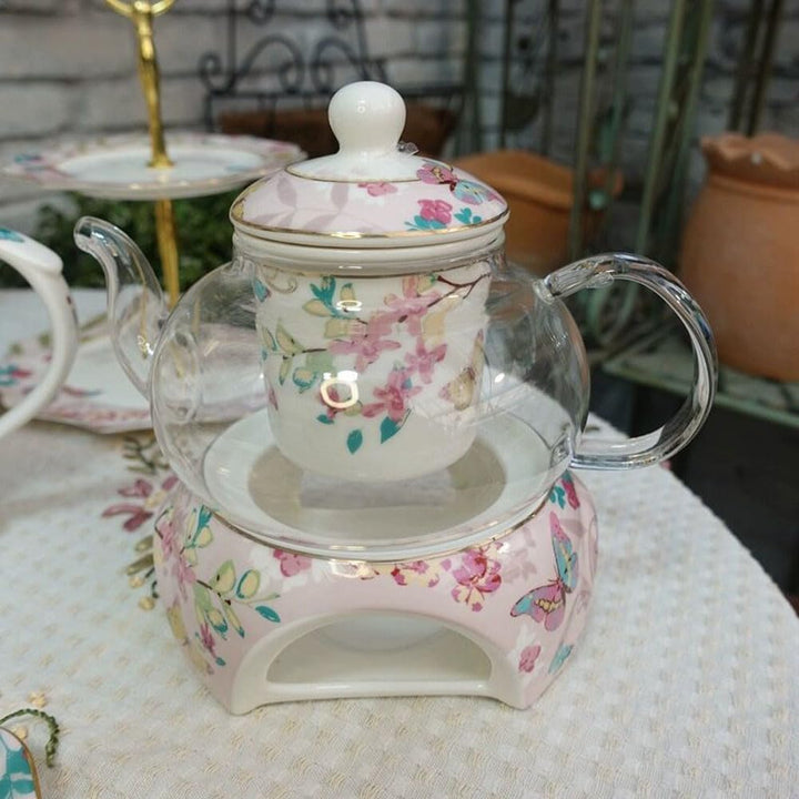 YBK Tech Teekanne mit Stövchen und Teesieb aus feinem Porzellan und Glas (Rosa (Schmetterlingenmuste