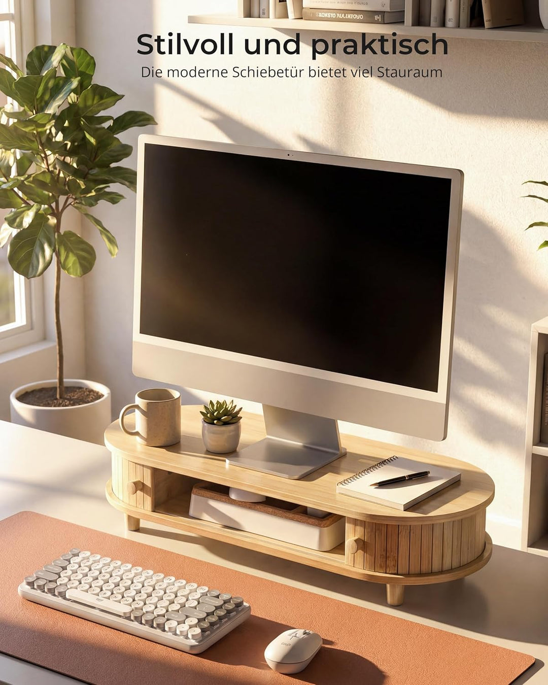 Bambus-Monitorständer mit Stauraum, gebogener Computer-Laptop-Ständer, Schreibtischregal-Organizer m