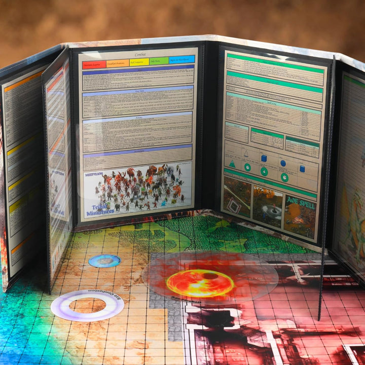 DND DM Screen 8 Panels with Embossed Fabric 2 Swinging Wet Erase Pockets and 8 Cheat Sheets Dungeon