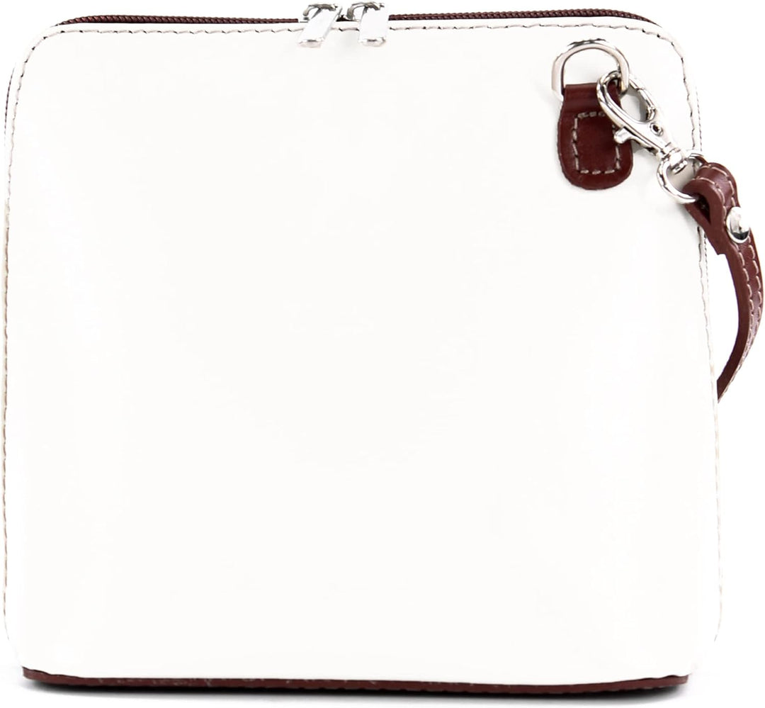 modamoda de - T94 - ital kleine Umhängetasche aus Glattleder Weiss/Braun, Weiss/Braun