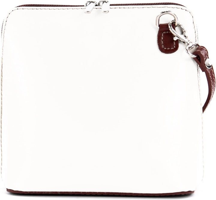 modamoda de - T94 - ital kleine Umhängetasche aus Glattleder Weiss/Braun, Weiss/Braun