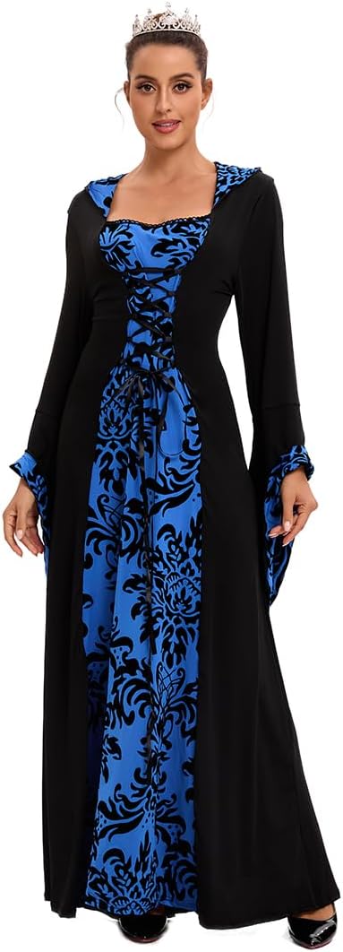 Damen Retro Mittelalter Kleid mit Trompetenärmel, Mittelalterliche Viktorianischen Königin Kleider R