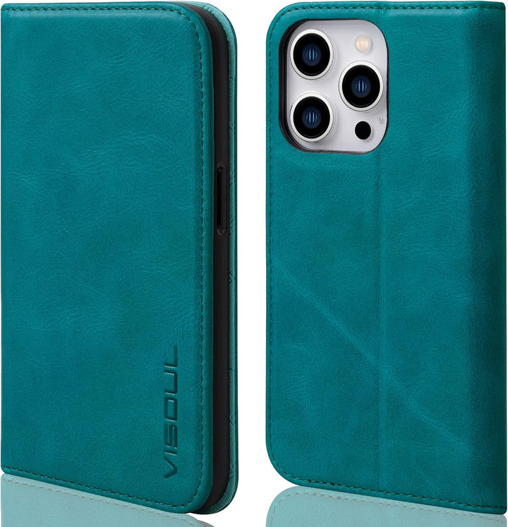 VISOUL Hülle für iPhone 14 Pro Max Handyhülle [ Echtleder] [Kartenfach] [Magnet] [Standfunktion], TP