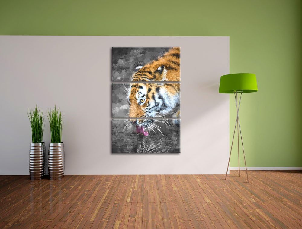 stolzer Tiger am Wasser schwarz/weiss Deluxe 3-Teiler Leinwandbild 120x80 Bild auf Leinwand, XXL rie