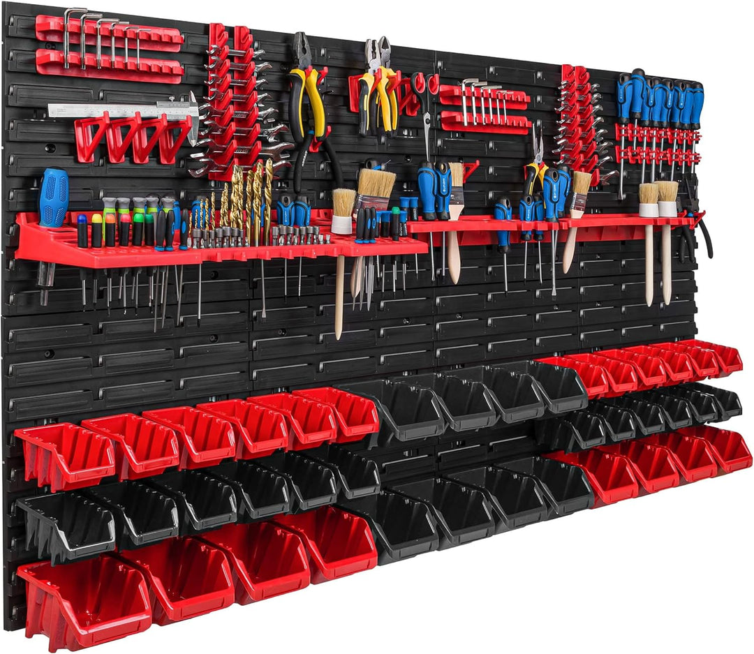 Lagersystem Werkstattregal | 156 x 78 cm | 40 stck. Box | Wandregal mit Werkzeughalterungen und Stap