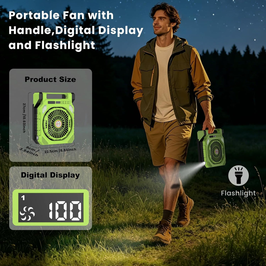 Solar Ventilator,Camping Ventilator Akku 20000mAh mit 2 Solarpaneelen,LED-Licht, Schüttelkopf, Digit