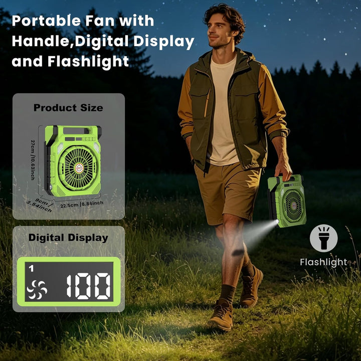 Solar Ventilator,Camping Ventilator Akku 20000mAh mit 2 Solarpaneelen,LED-Licht, Schüttelkopf, Digit