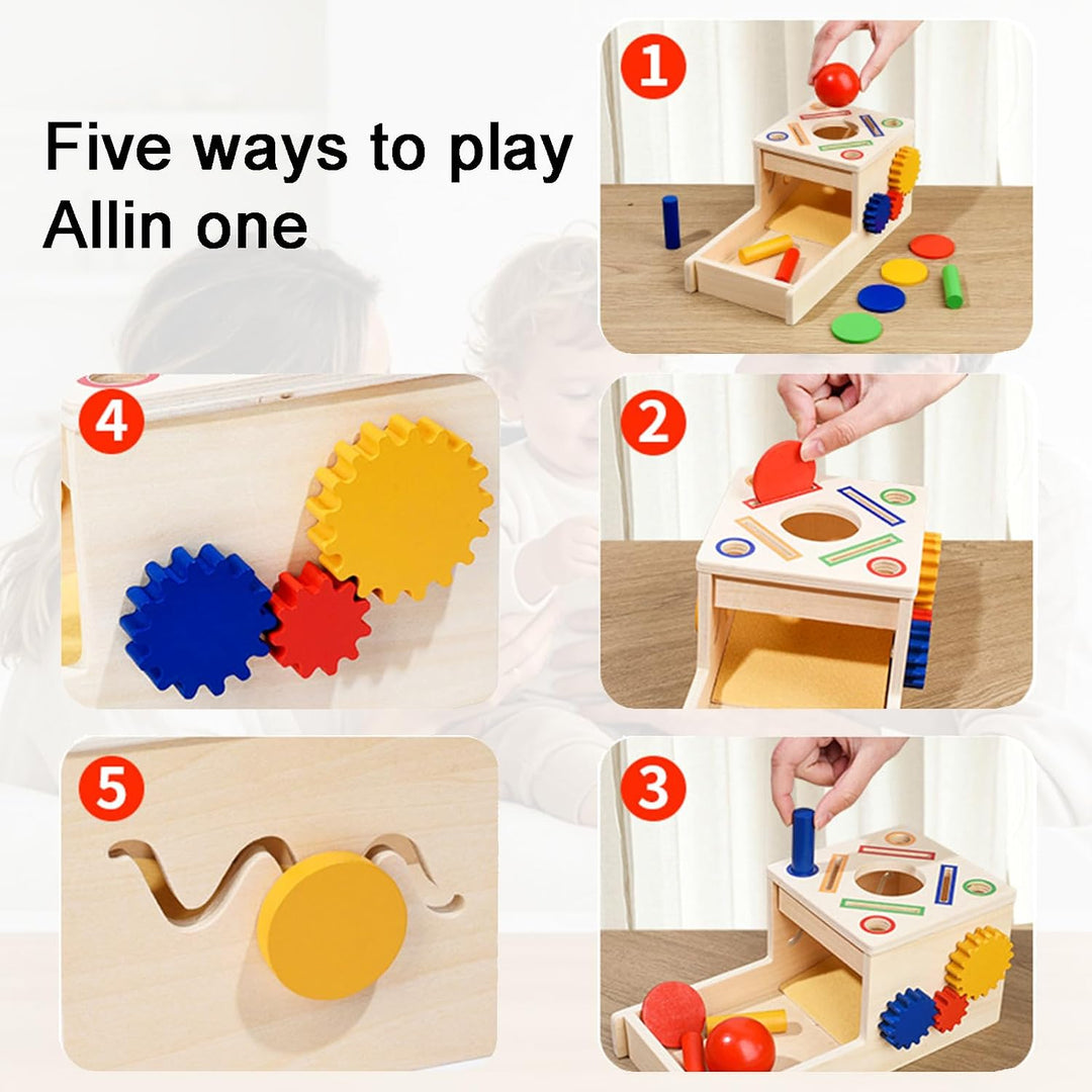 Montessori Objektpermanenz Box, Motorikspielzeug ab 1 Jahr | 4-in-1 Holzspielzeug mit Farben- und Fo