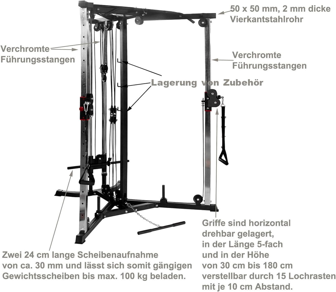 Train Hard® Kabelzug Trainer Latzugstation Kraftstation Cross Over mit Klimmzugstange, Bizeps- / Tri