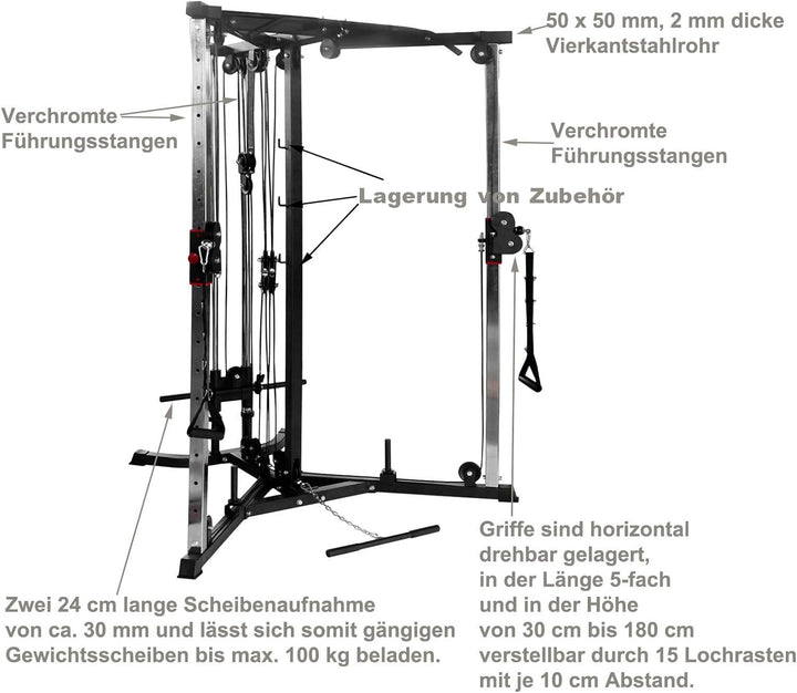 Train Hard® Kabelzug Trainer Latzugstation Kraftstation Cross Over mit Klimmzugstange, Bizeps- / Tri