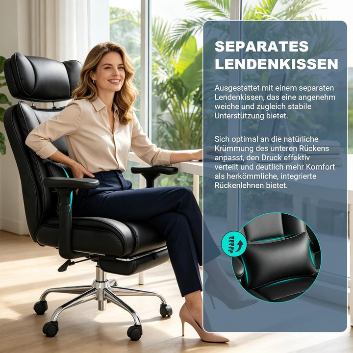 BASETBL Bürostuhl 200kg, 4D Armlehnen, Chefsessel mit 4-stufiger Gasdruckfeder, Verstellbarer Lenden