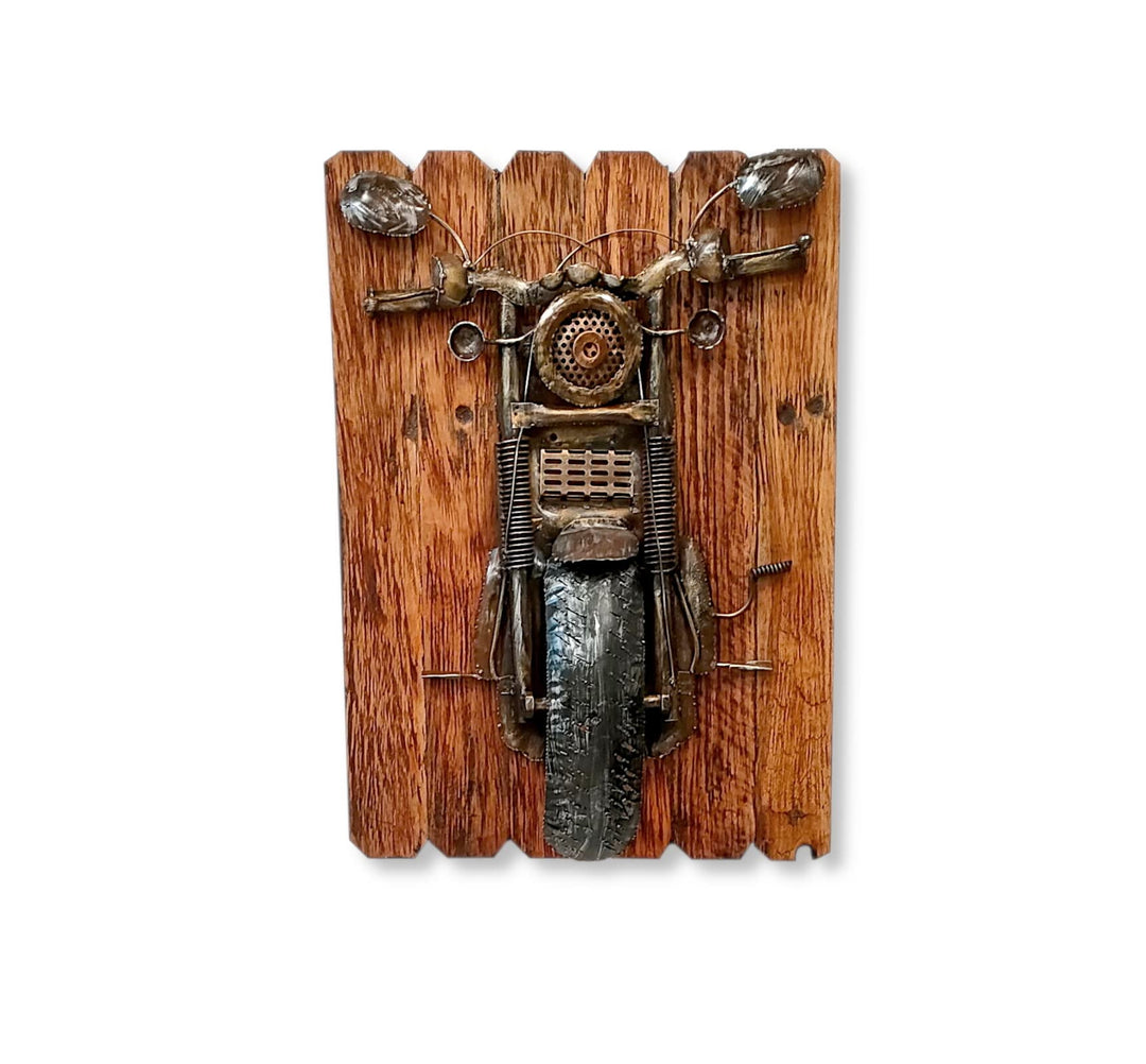 Metall Wandbild Motorrad auf braunen Holz-Planken 55 x 75cm Wand-Deko retro look vintage Skulptur, M