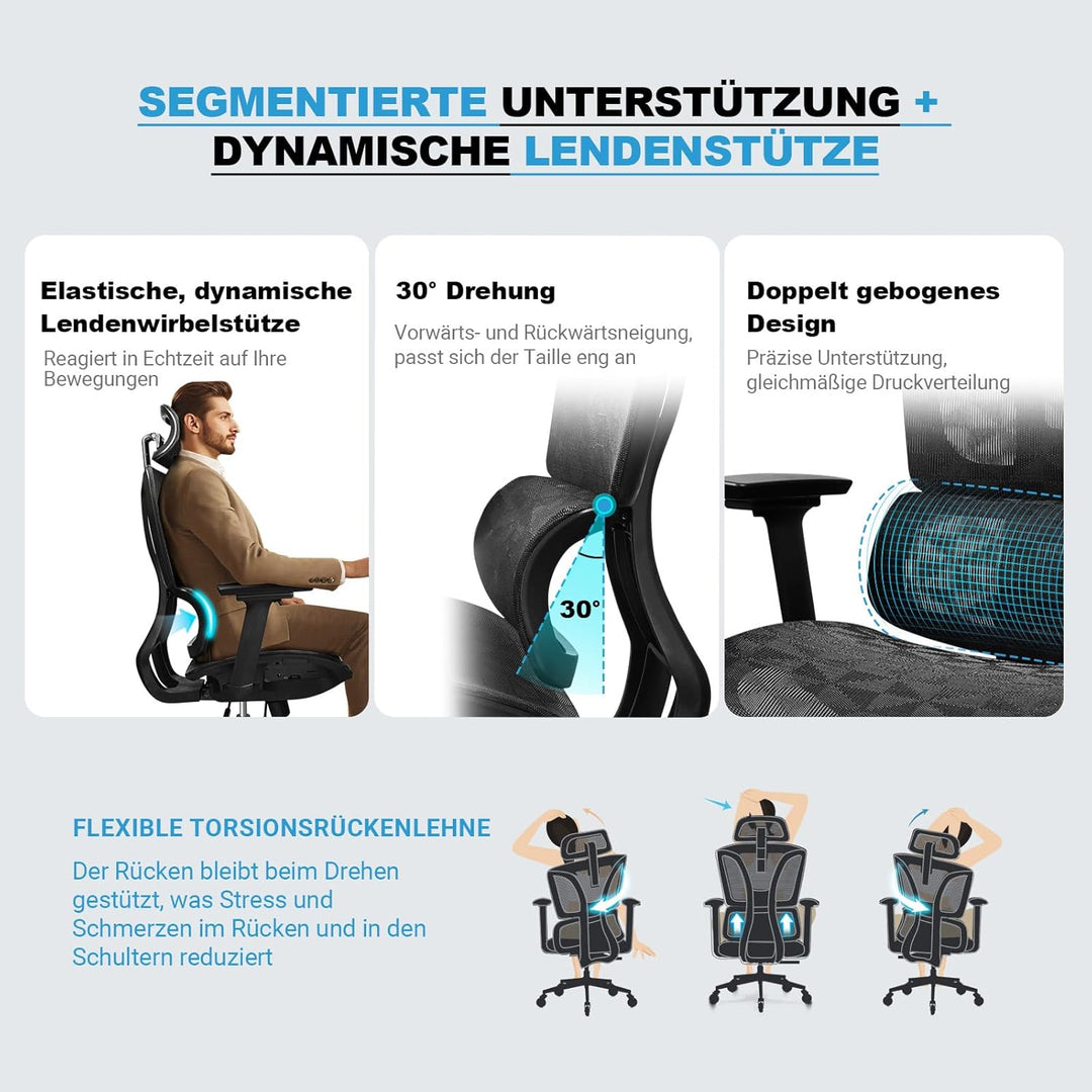 Bürostuhl Ergonomisch, 4D-Armlehnen, Verstellbare Sitztiefe, 4-stufige Neigung, Leise & Leichtgängig