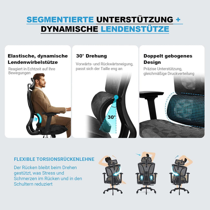 Bürostuhl Ergonomisch, 4D-Armlehnen, Verstellbare Sitztiefe, 4-stufige Neigung, Leise & Leichtgängig