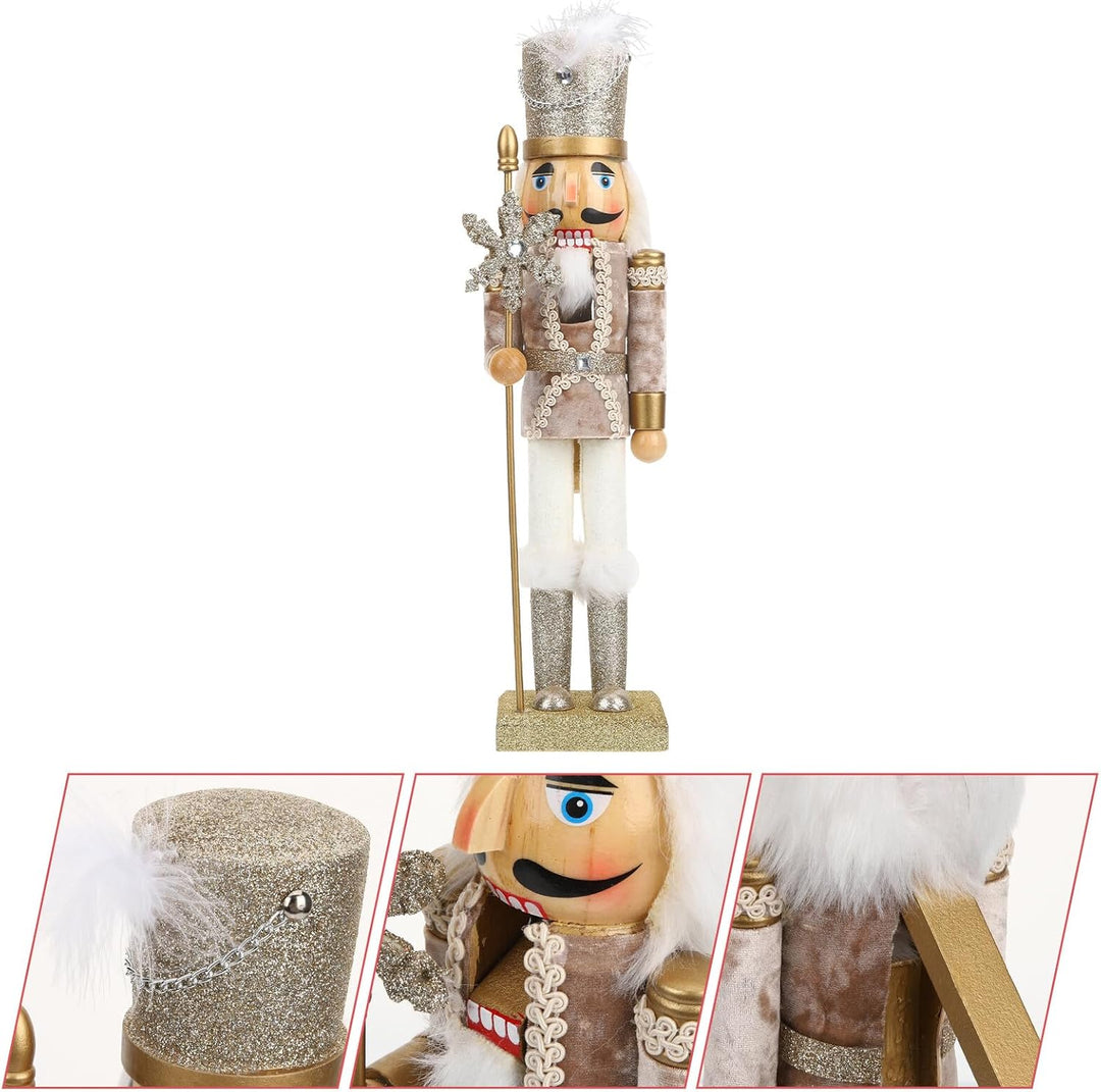 SAFIGLE Nussknacker Figur aus Holz 38cm Weihnachtsdekoration mit Goldfarbenem Schneekönig Handbemalt