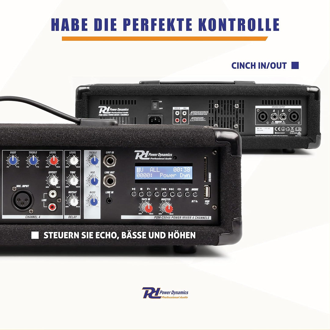 Power Dynamics PDM-C405A 4-Kanal DJ Mischpult mit Verstärker Mischpult Bluetooth Mixer mit eingebaut
