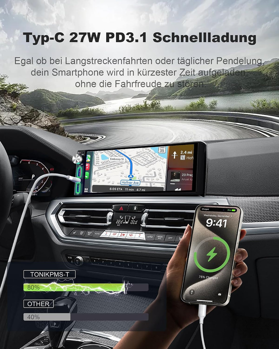 DAB/DAB+ 6,8 Zoll 1 DIN HD Autoradio mit Drahtlosem CarPlay &amp; Android Auto, Type-C Schnellladung, DS