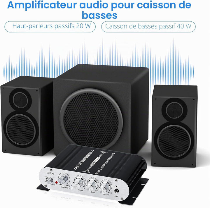 HiFi Audio Verstärker,2.1CH Stereo Verstärker,RMS 20Wx2+40W ST-838 mit Subwoofer Ausgang KlasseD Min