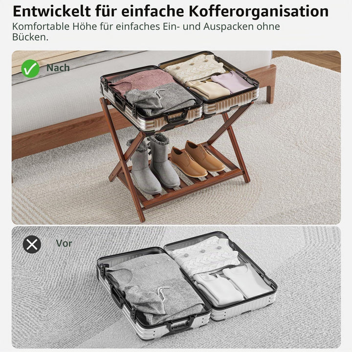 2er Set Bambus Gepäckablage für Gästezimmer, 26,77" Klappbarer Kofferständer mit Ablagefach, Verstär